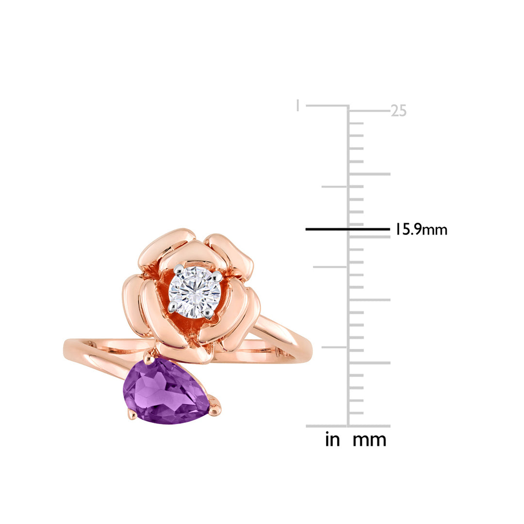 2/3 Carat (ctw) African Amethyst Flower Ring with White Topaz in Rose Plated Sterling Silver Image 4