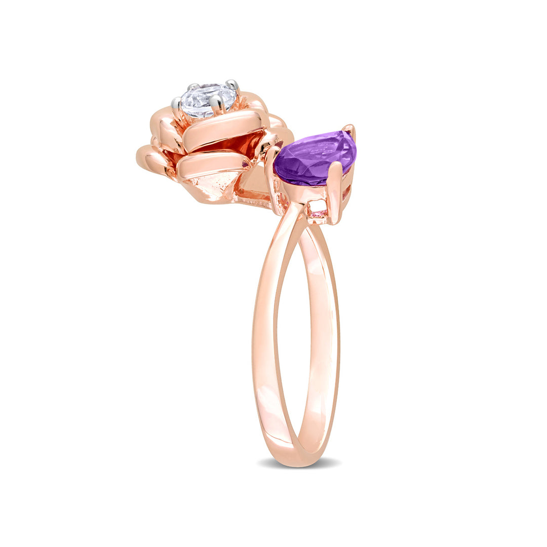 2/3 Carat (ctw) African Amethyst Flower Ring with White Topaz in Rose Plated Sterling Silver Image 4