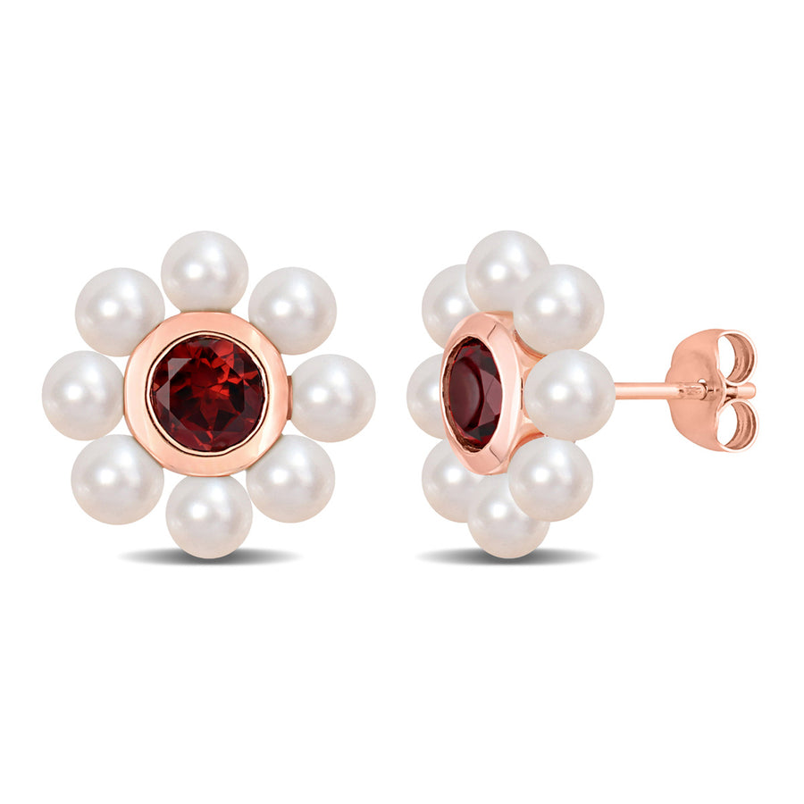 3.5-4mm Cultured Freshwater Pearl Flower Button Earrings in 10K Rose Gold with 1.20 Carat (ctw) Garnet Image 1