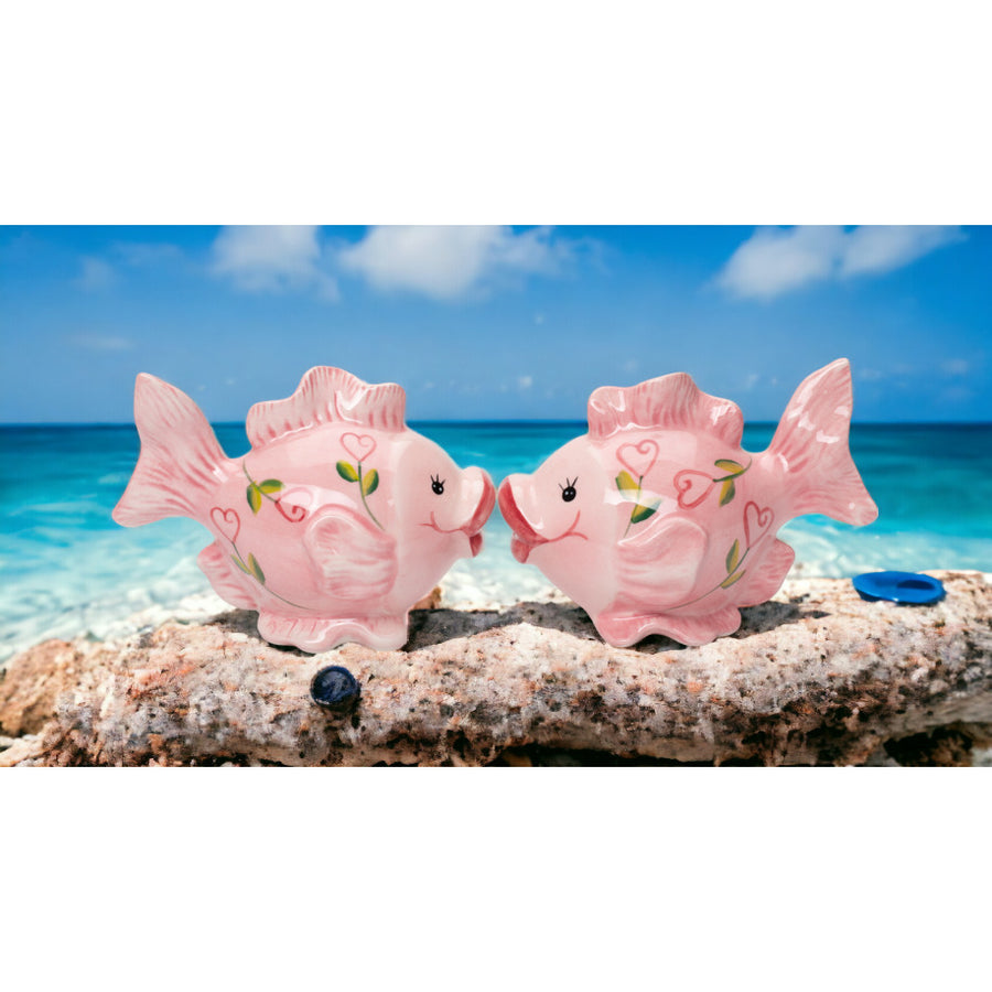 Ceramic Pink Fish with Hearts Salt and Pepper Shakers, Image 1