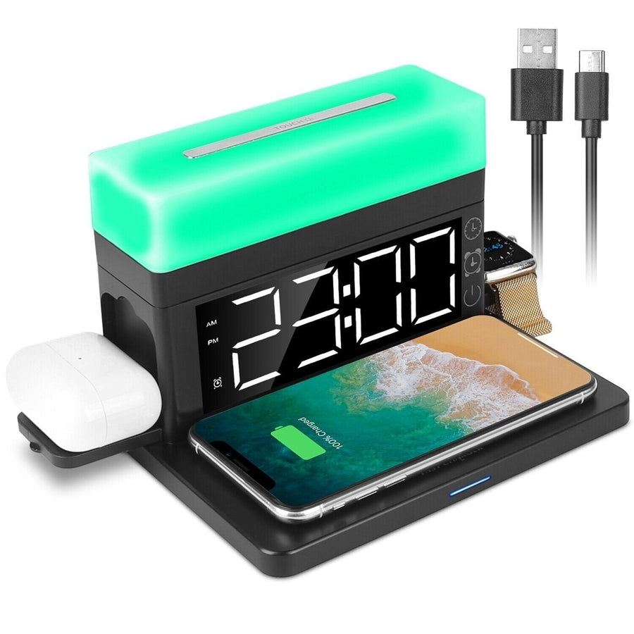 3-In-1 15W Fast Wireless Charging Station Dock 7-Color Flashing Alarm Clock Lamp Image 1