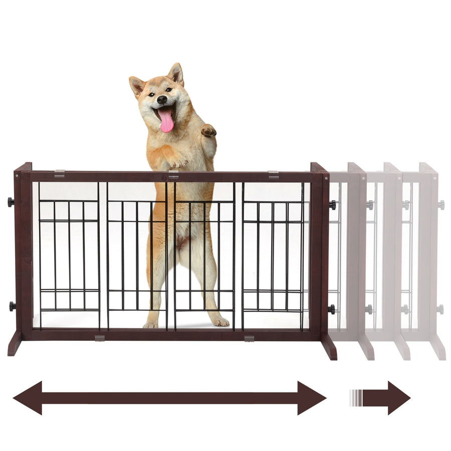 Adjustable Wooden Pet Gate for Dogs Indoor Freestanding Dog Fence for Doorways Stairs Deep Brown Image 1