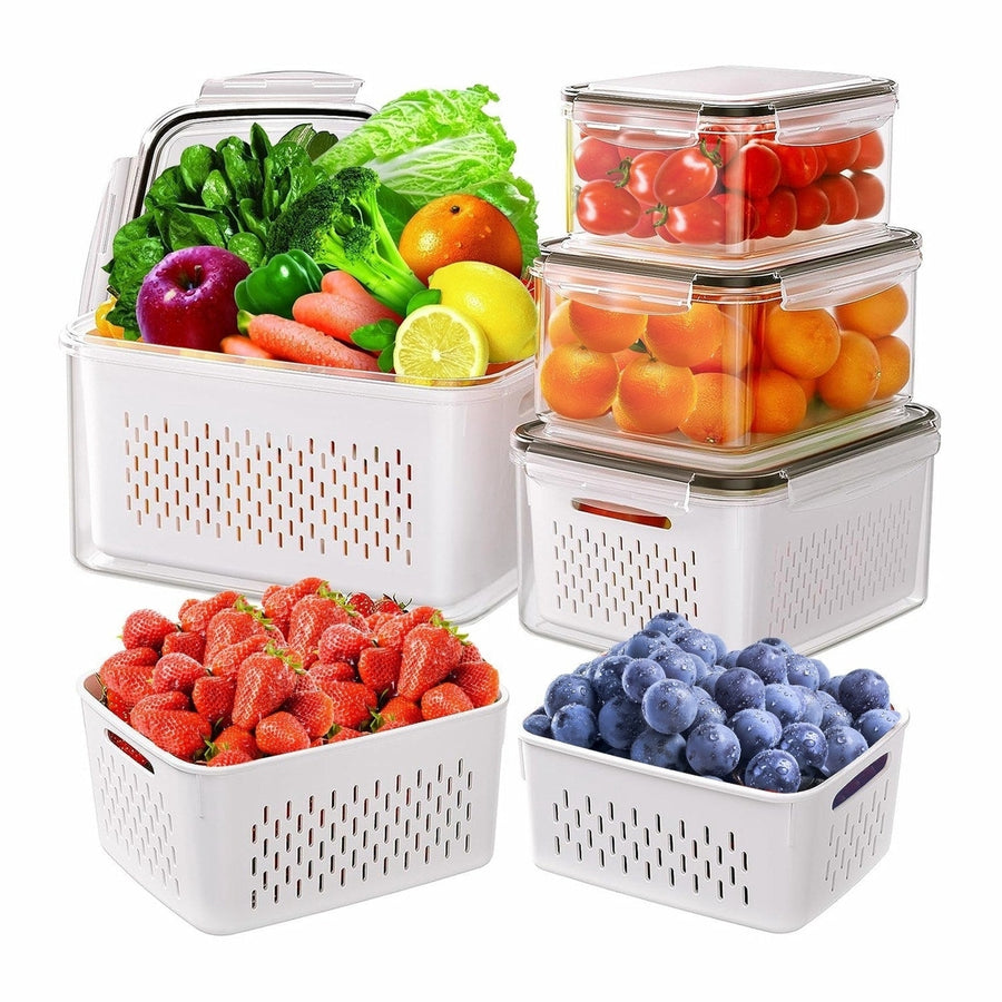 5Pcs Fruit Vegetable Containers with Removable Drain Basket Leakproof Lid Stackable Food Storage Image 1