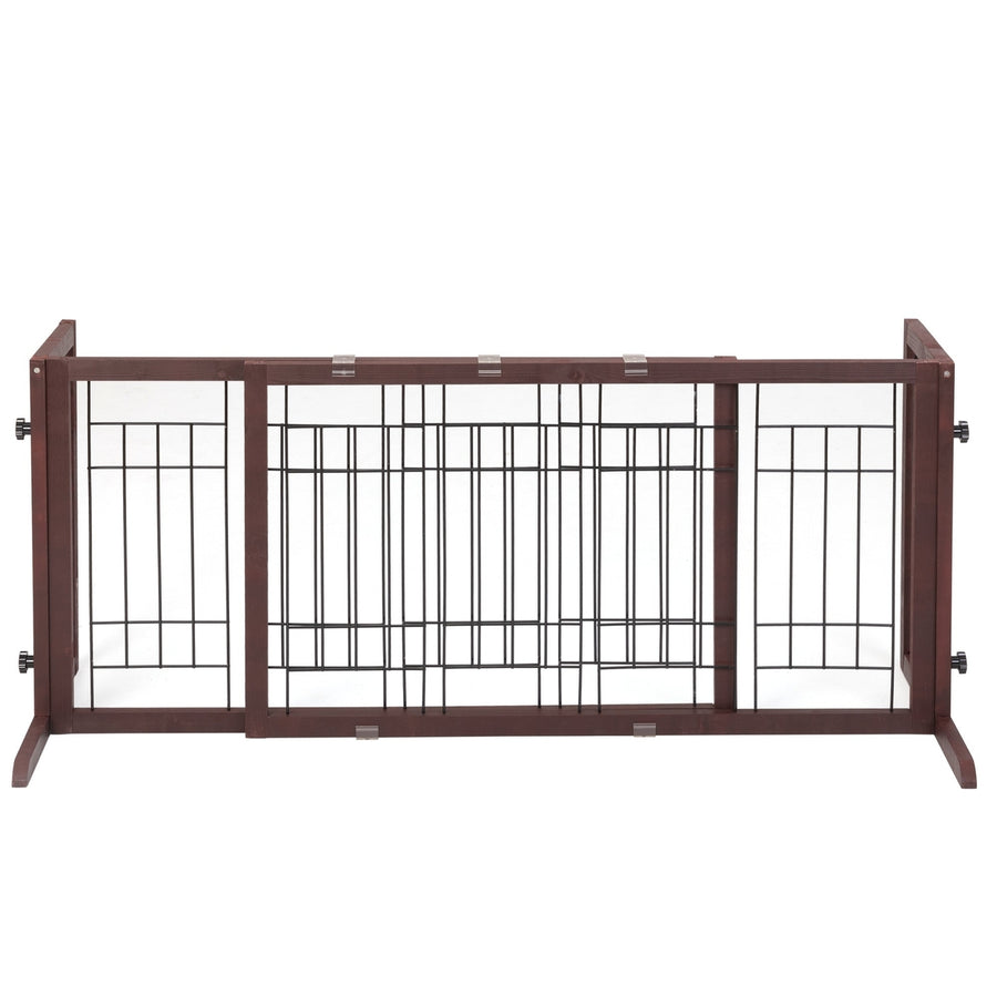 Adjustable Wooden Pet Gate for Dogs Indoor Freestanding Dog Fence for Doorways Stairs Deep Brown Image 1