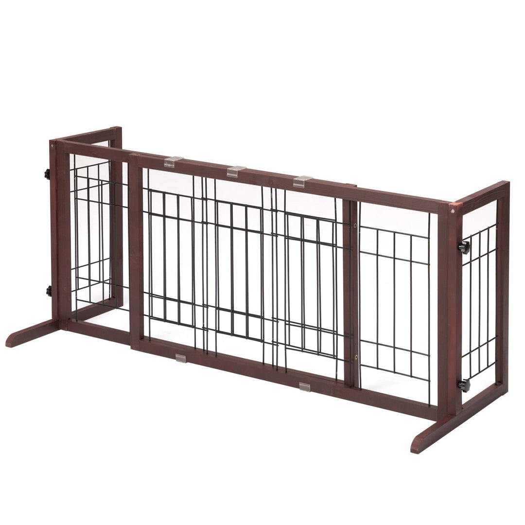 Adjustable Wooden Pet Gate for Dogs Indoor Freestanding Dog Fence for Doorways Stairs Deep Brown Image 3