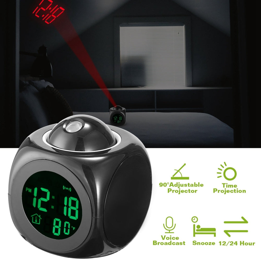 LCD Projection Alarm Clock Battery Powered with Voice Broadcast Function Snooze Temperature Display 12 24 Hour Time Image 2