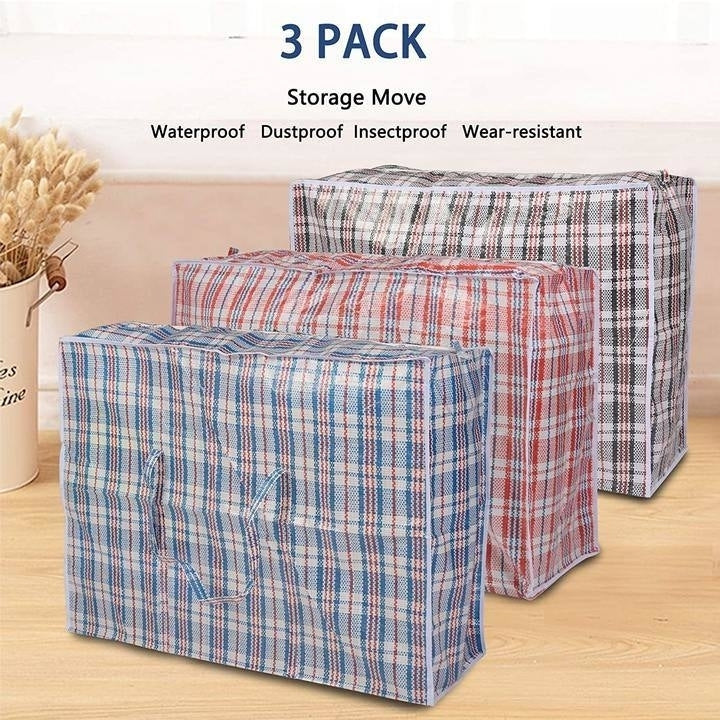 Portable Extra-Large Set of 3 Plastic Checkered Storage Reusable Laundry Shopping Bags with Zipper and Handles Size 31" Image 1