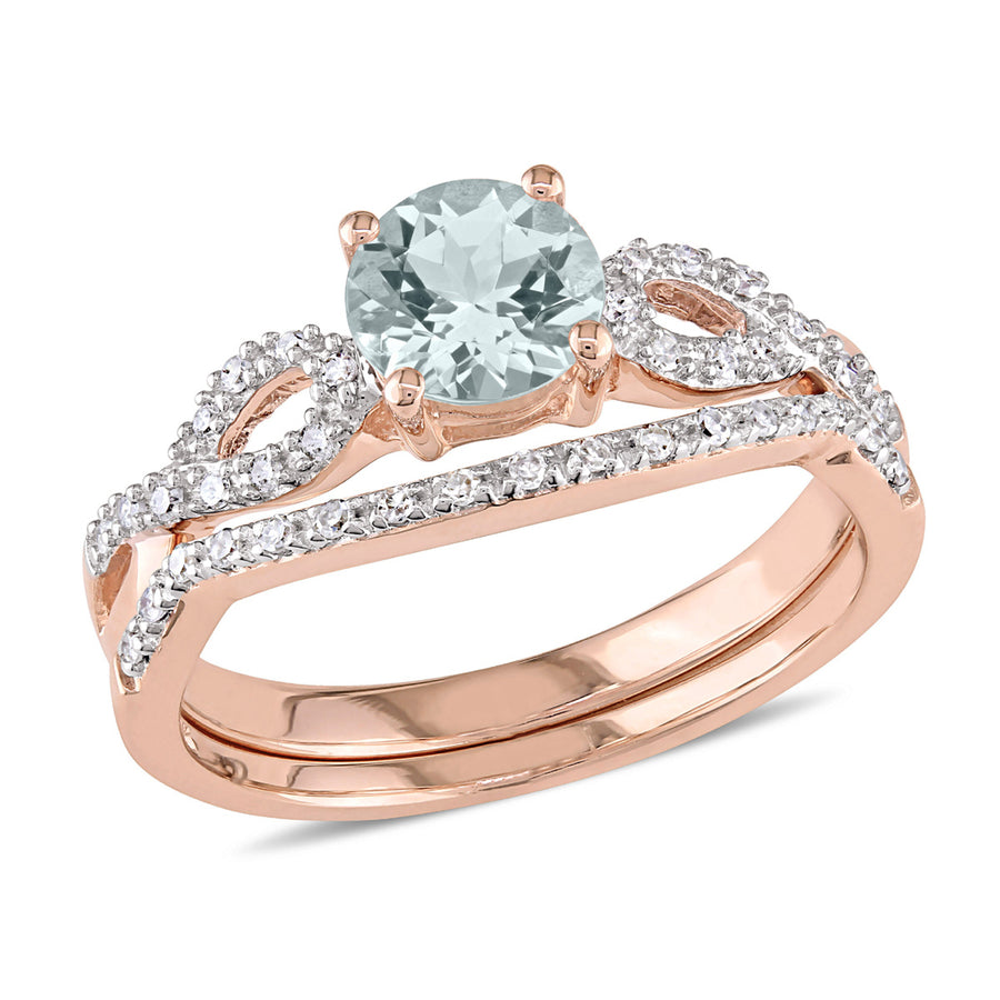 7/10 Carat (ctw) Aquamarine Engagement Ring and Wedding Band Set with Diamonds 10K Rose Gold Image 1