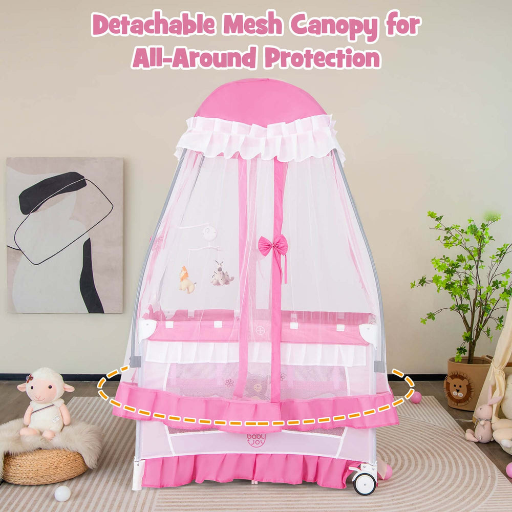 4 in 1 Portable Baby Playard Crib Bed w/Changing Table Canopy Music Box Image 2