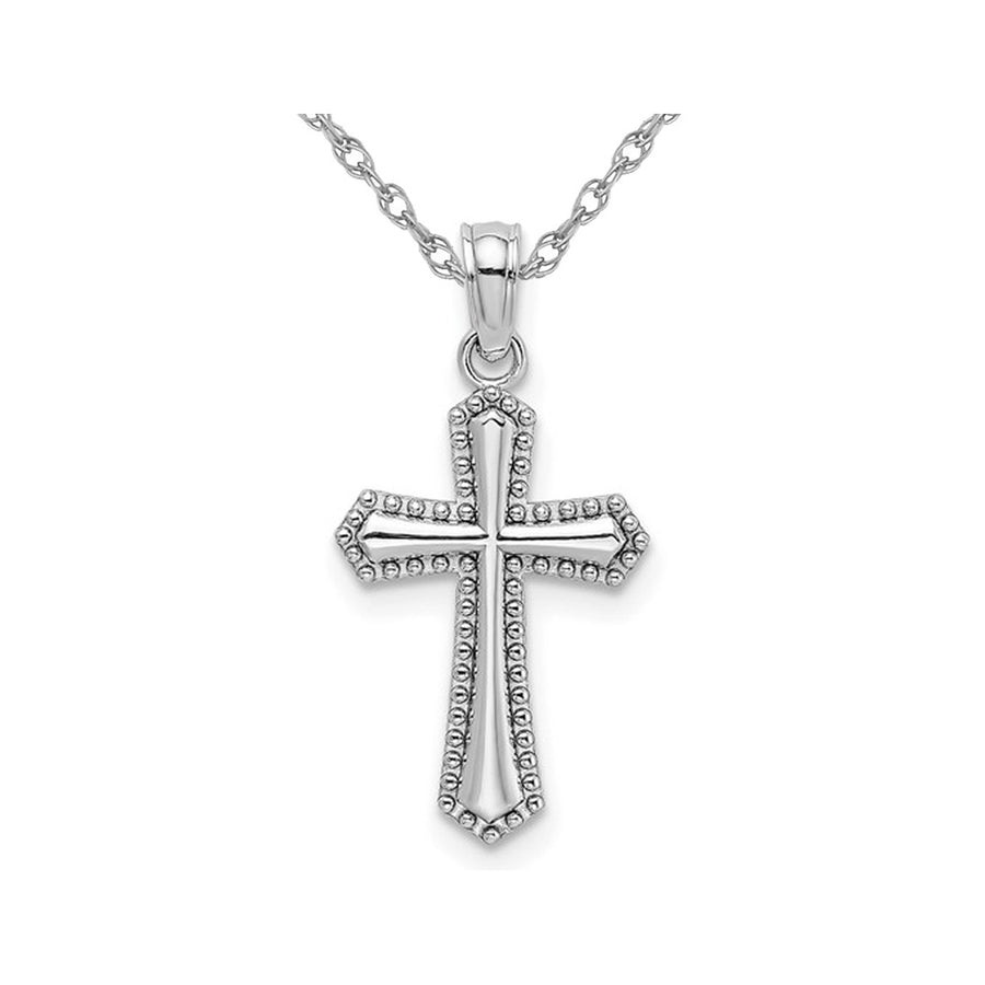 14K White Gold Beaded Trim Cross Pendant Necklace with Chain Image 1