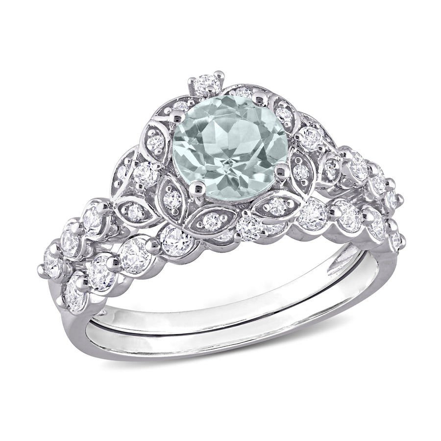 1.84 Carat (ctw) Aquamarine and White Topaz Engagement Ring and Wedding Band Set with Accent Diamonds 10K White Gold Image 1