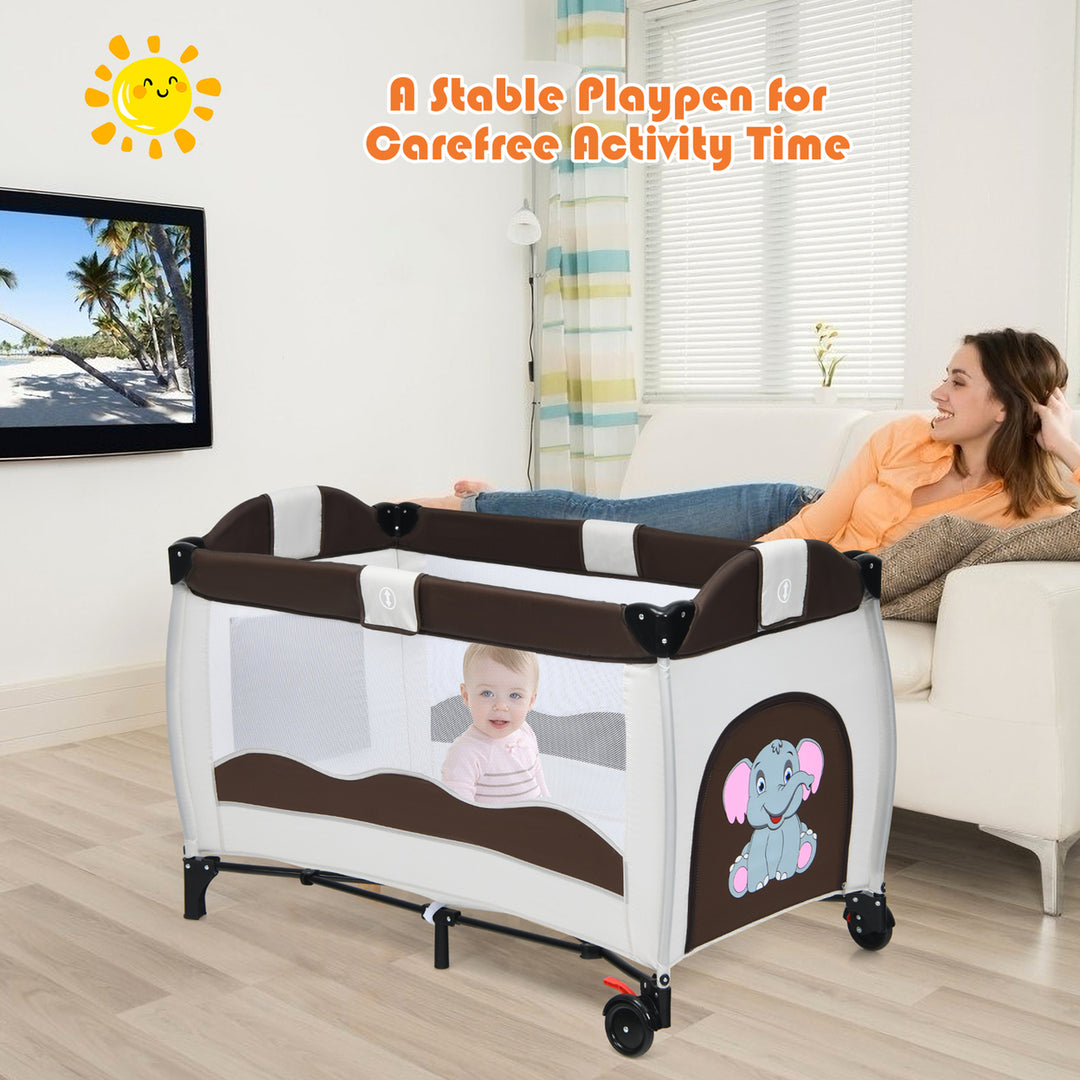 Coffee Baby Crib Playpen Playard Pack Travel Infant Bassinet Bed Foldable Image 3