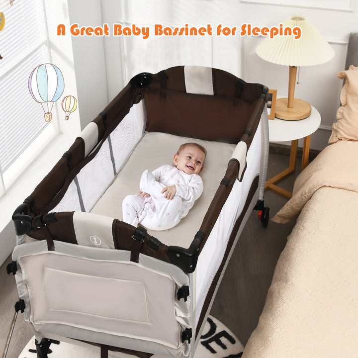 Coffee Baby Crib Playpen Playard Pack Travel Infant Bassinet Bed Foldable Image 4