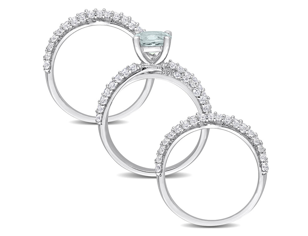 3.75 Carat (ctw) Aquamarine and Lab-Created White Sapphire Engagement Ring and Wedding Band Set Sterling Silver Image 2