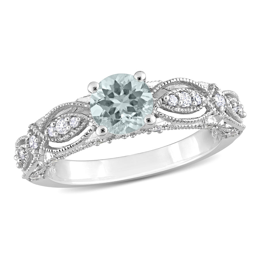 3/4 Carat (ctw) Light Aquamarine Ring with Diamonds in 10K White Gold Image 1