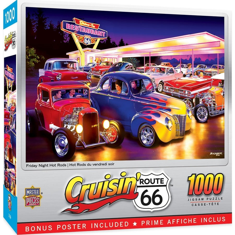 Cruising Route 66 - Friday Night Hot Rods 1000 Piece Jigsaw Puzzle Image 1