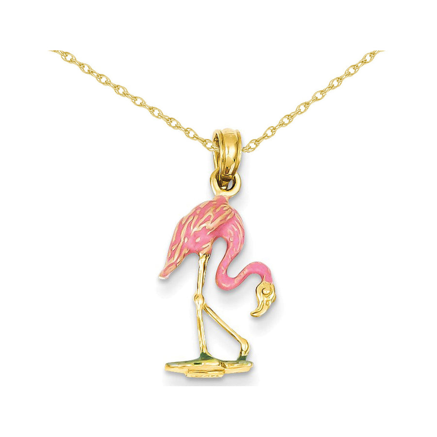 Enameled Pink Flamingo Pendant Necklace 14K Yellow Gold Image 1