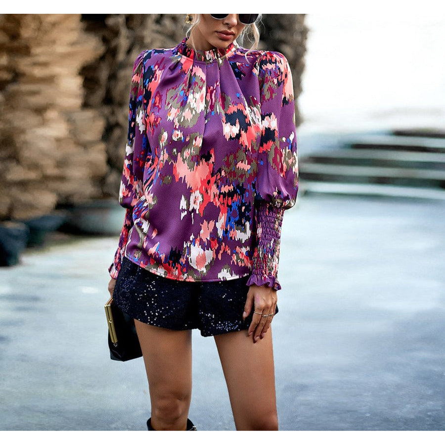 Artsy Floral Pleated Neck Blouse Image 1