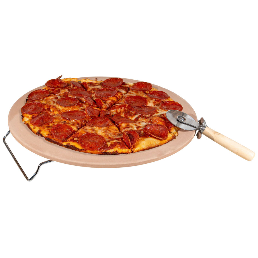 Pizza Stone - 15-Inch Pizza Stone for Oven or Grill with Pizza Cutter and Metal Serving Rack/Handles - Pizza Oven Image 1