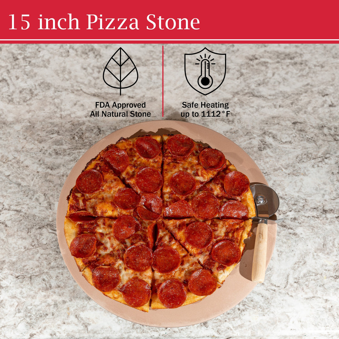 Pizza Stone - 15-Inch Pizza Stone for Oven or Grill with Pizza Cutter and Metal Serving Rack/Handles - Pizza Oven Image 3
