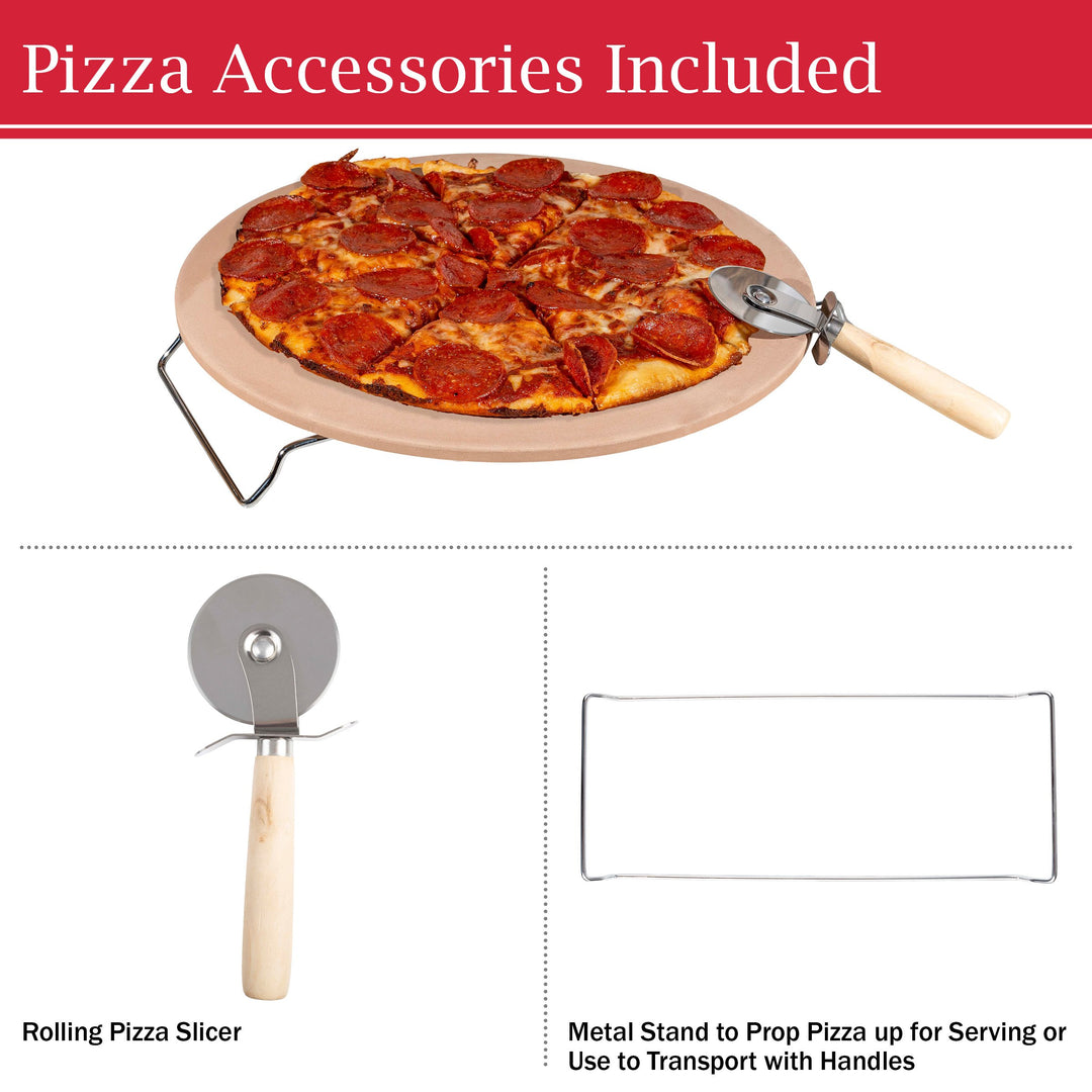 Pizza Stone - 15-Inch Pizza Stone for Oven or Grill with Pizza Cutter and Metal Serving Rack/Handles - Pizza Oven Image 4