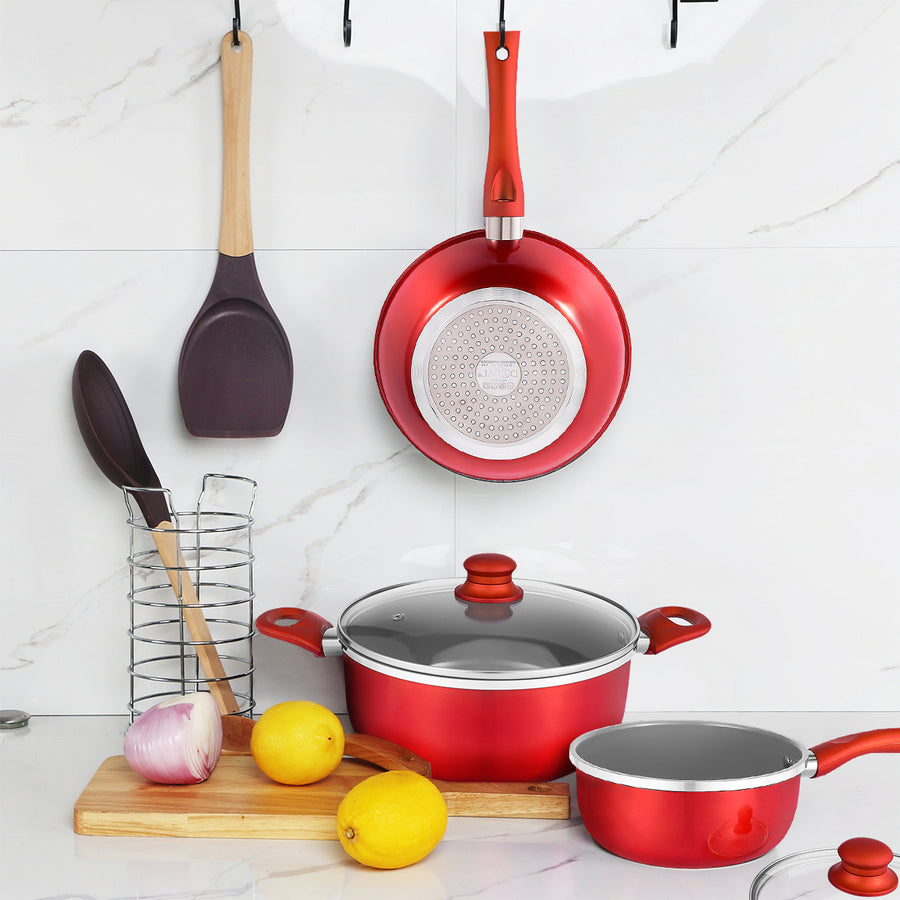 6 PCS Kitchen Nonstick Pan Red Cookware Set Image 1