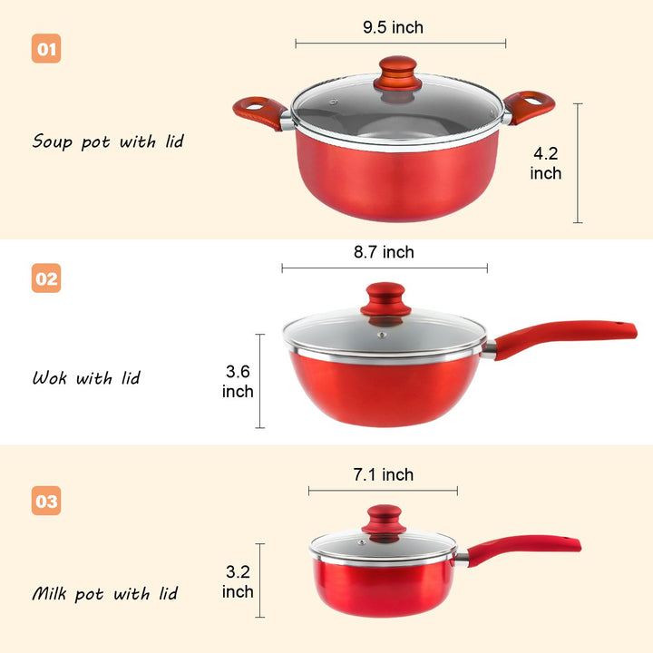 6 PCS Kitchen Nonstick Pan Red Cookware Set Image 2