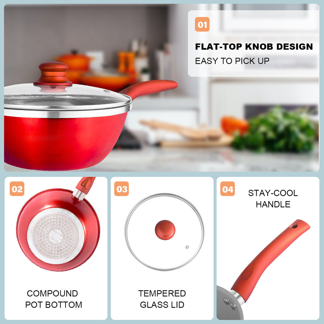 6 PCS Kitchen Nonstick Pan Red Cookware Set Image 3