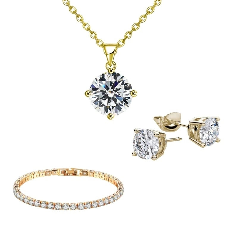 Paris Jewelry 18K Yellow Gold 3 Set Created White Sapphire Round NecklaceEarrings And Clasp Bracelet Plated Image 1
