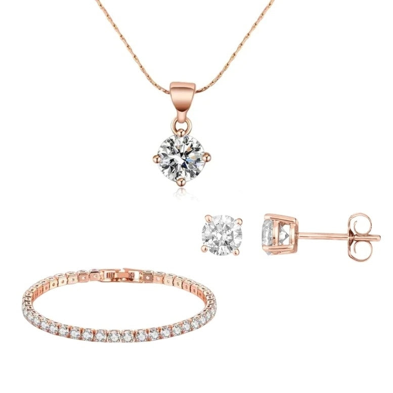 Paris Jewelry 18K Rose Gold 3 Set Created White Sapphire Round NecklaceEarrings And Clasp Bracelet Plated Image 1
