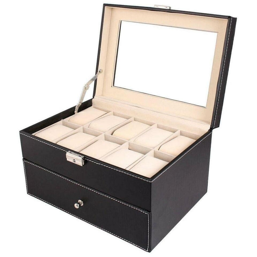 Large 20 Slot Leather Watch Box Display Case Organizer Glass Top Jewelry Storage Image 1