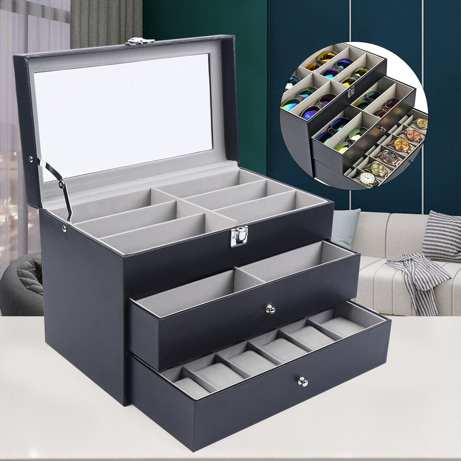 Watch Box Leather Display Case Organizer 24 Slots Glass Jewelry Storage Men Image 1