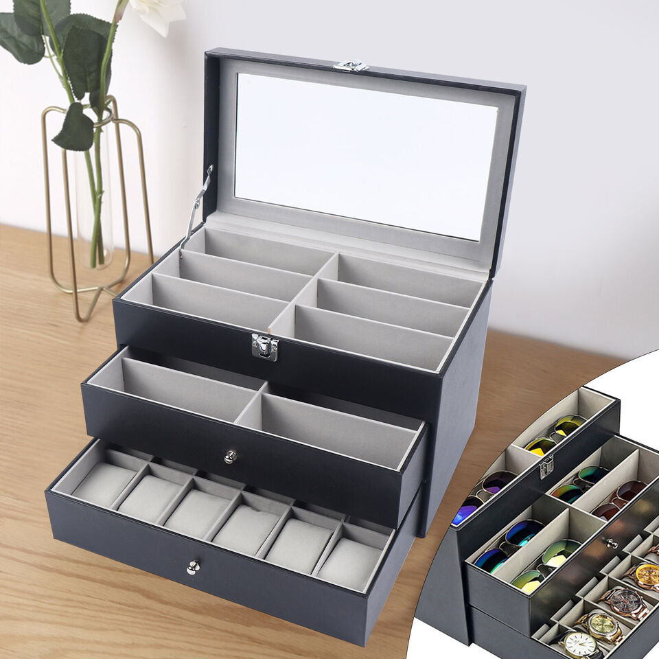 Watch Box Leather Display Case Organizer 24 Slots Glass Jewelry Storage Men Image 2