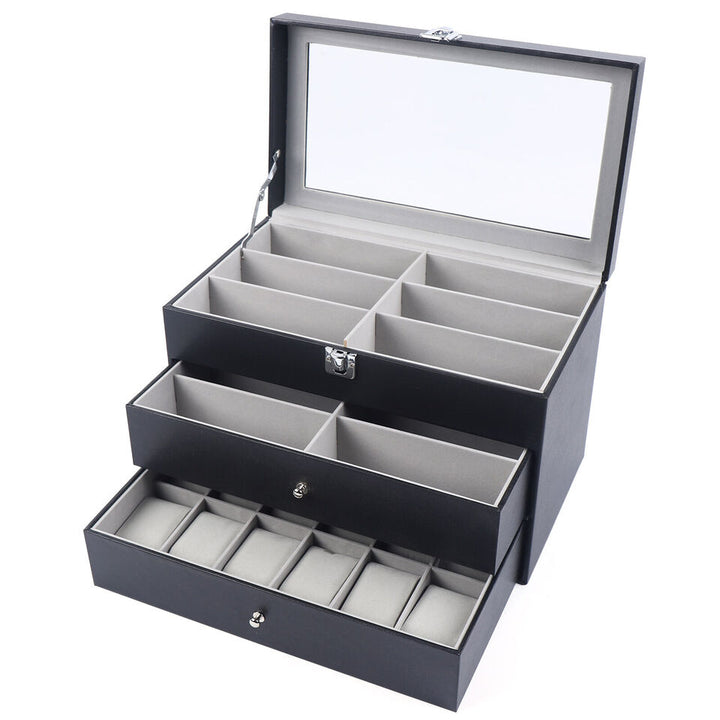 Watch Box Leather Display Case Organizer 24 Slots Glass Jewelry Storage Men Image 3