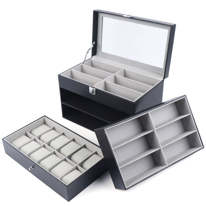 Watch Box Leather Display Case Organizer 24 Slots Glass Jewelry Storage Men Image 6