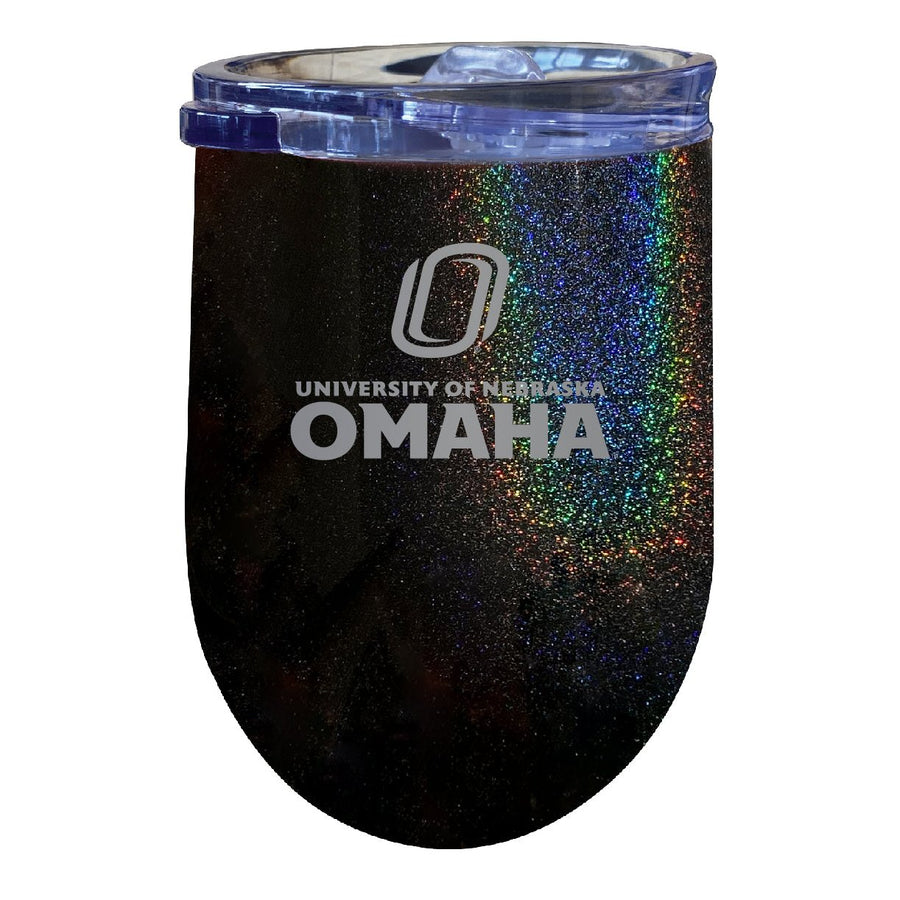 Nebraska at Omaha NCAA Laser-Etched Wine Tumbler - 12oz Rainbow Glitter Black Stainless Steel Insulated Cup Image 1