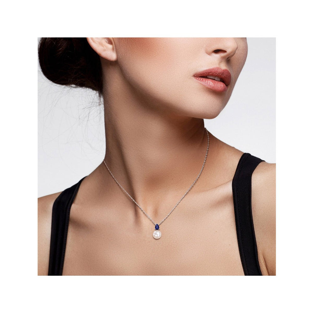 8.5-9mm Freshwater Cultured Drop Pearl Pendant Necklace with Lab-Created Blue Sapphire Sterling Silver with Chain Image 2