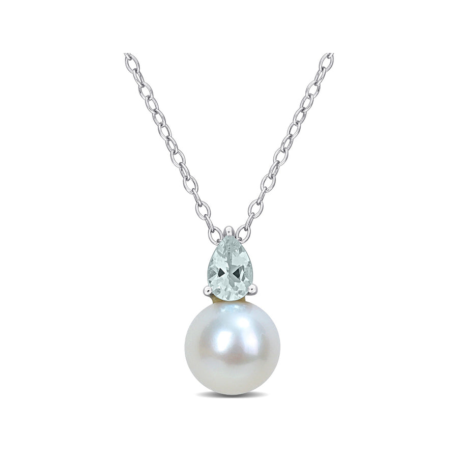 8.5-9mm Freshwater Cultured Drop Pearl Pendant Necklace with Aquamarine Sterling Silver with Chain Image 1