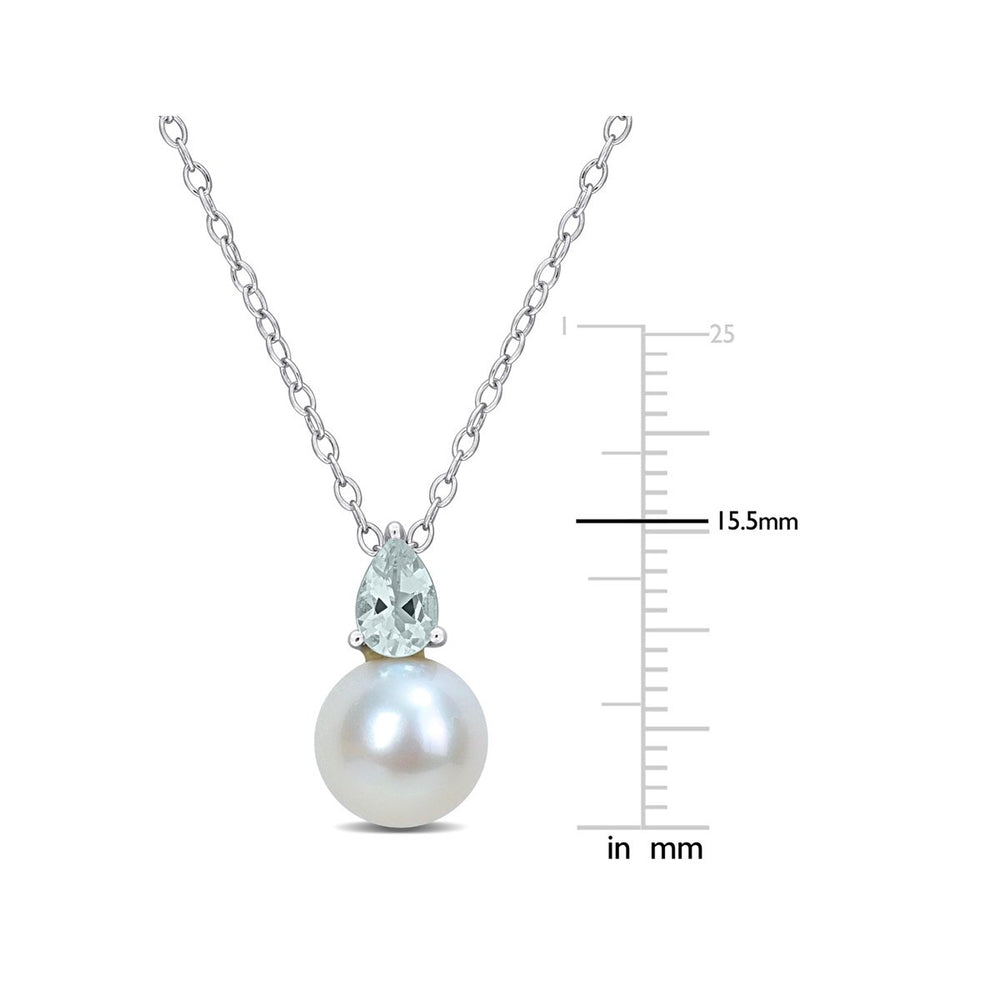 8.5-9mm Freshwater Cultured Drop Pearl Pendant Necklace with Aquamarine Sterling Silver with Chain Image 2