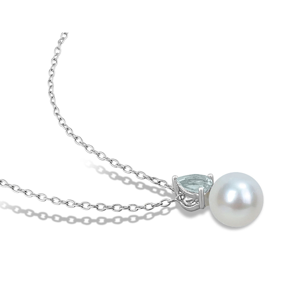 8.5-9mm Freshwater Cultured Drop Pearl Pendant Necklace with Aquamarine Sterling Silver with Chain Image 3