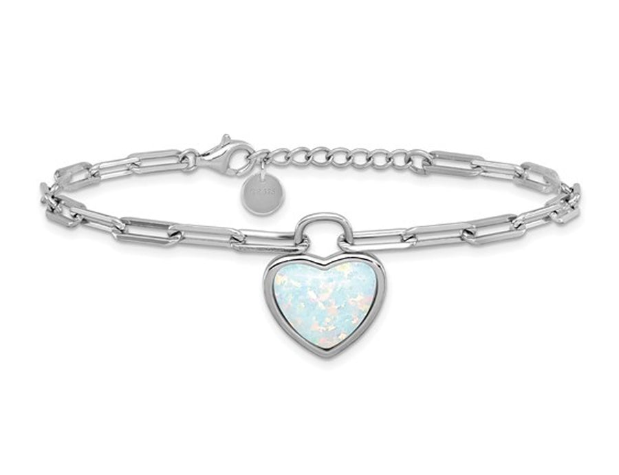 Lab Created Opal Heart Paperclip Bracelet in Sterling Silver (7.00 Inch) Image 1