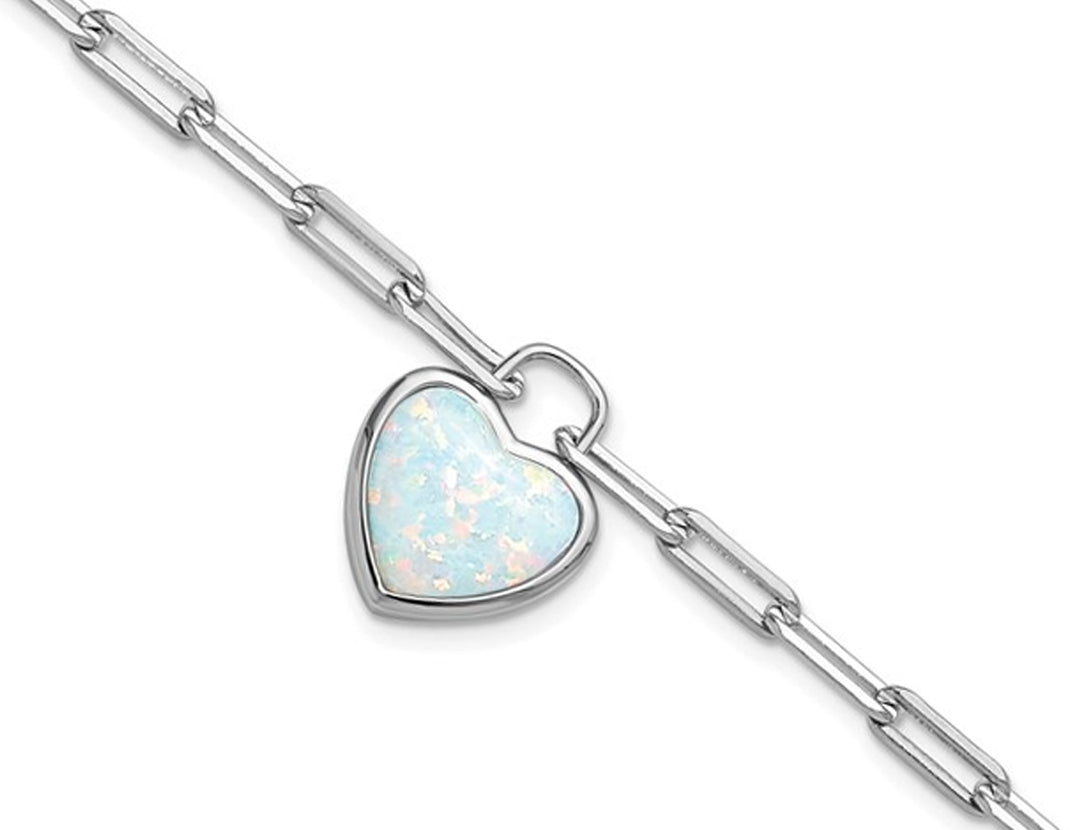 Lab Created Opal Heart Paperclip Bracelet in Sterling Silver (7.00 Inch) Image 3