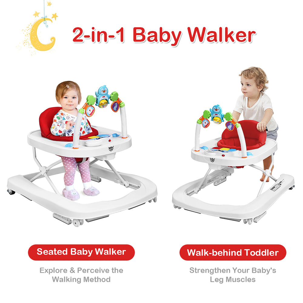 Babyjoy 2-in-1 Foldable Baby Walker with Adjustable Heights and Detachable Toy Tray Blue/Grey/Red Image 2