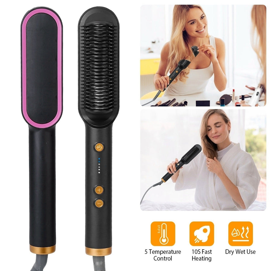 5 Temperature Electric Hair Straightener Brush Curler Hot Comb Adjustment 10S Fast Heating Image 1