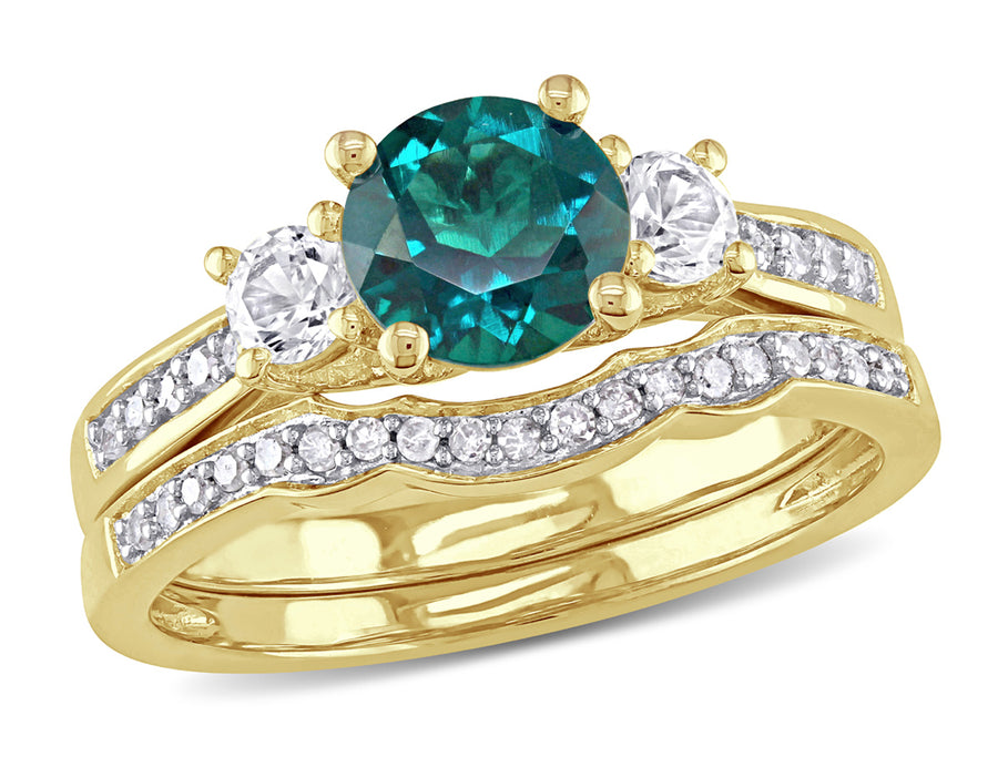 4/5 Carat (ctw) Lab-Created Emerald Bridal Wedding Ring Set in 10K Yellow Gold with Diamonds Image 1
