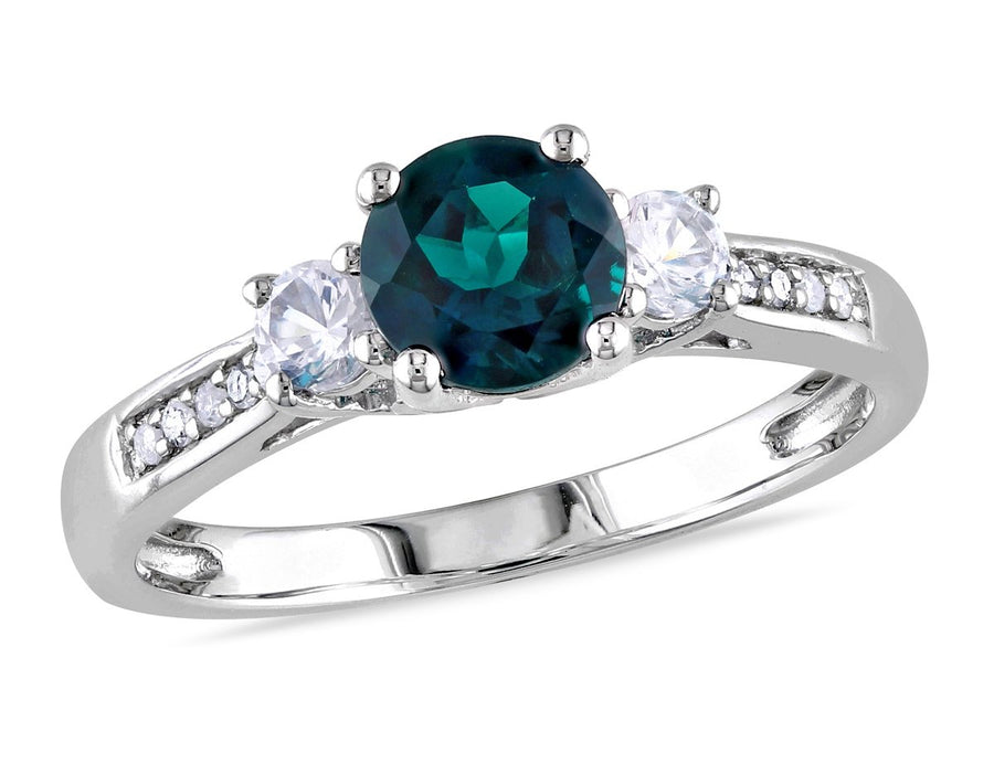 1.13 Carat (ctw) Lab-Created Emerald and White Sapphires Three Stone Ring in 10K White Gold Image 1
