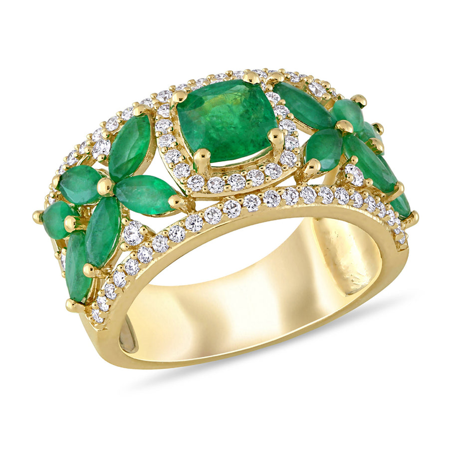 2.54 Carat (ctw) Emerald Flower Band Ring in 14K Yellow Gold with Diamonds 1/2 Carat (ctw) Image 1