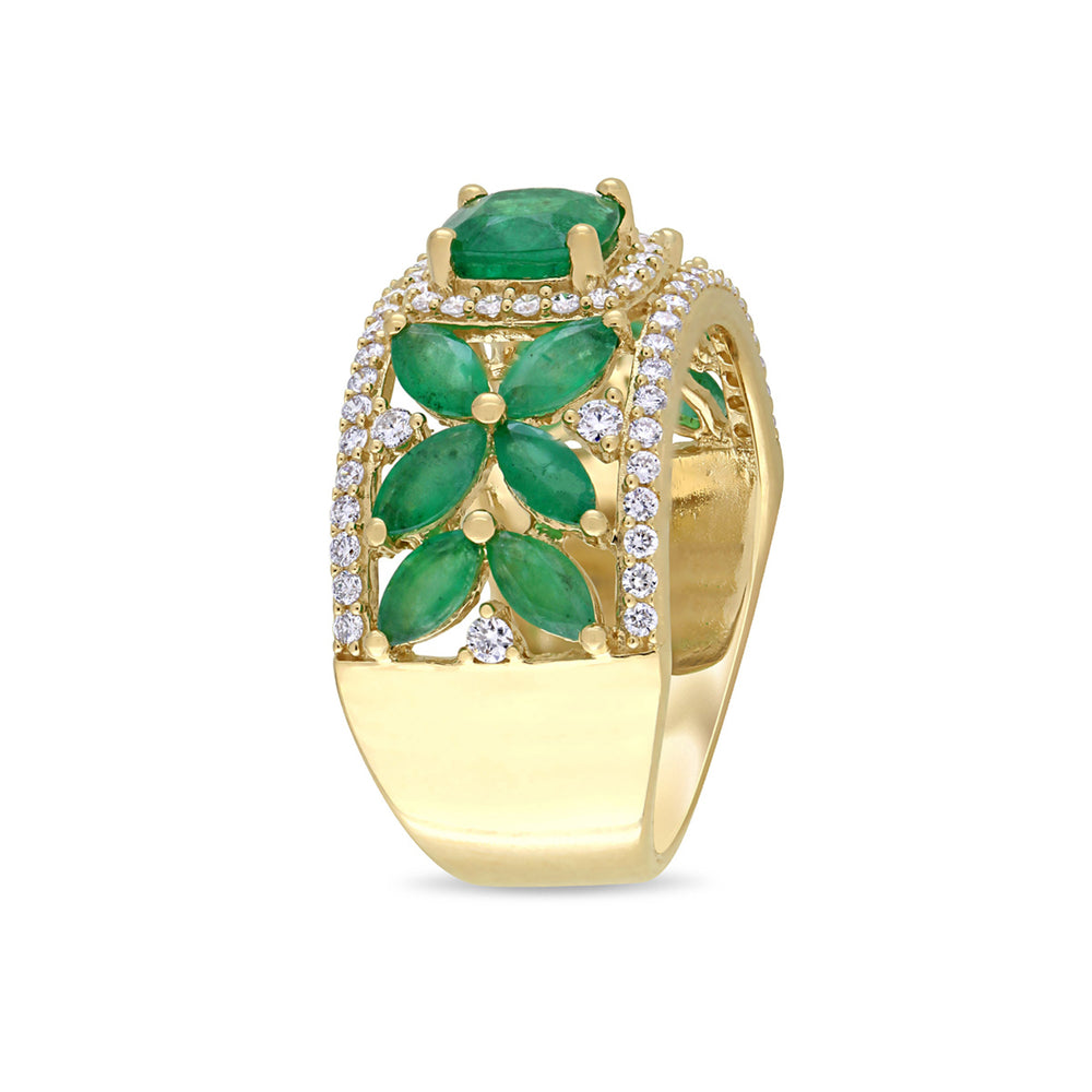 2.54 Carat (ctw) Emerald Flower Band Ring in 14K Yellow Gold with Diamonds 1/2 Carat (ctw) Image 2