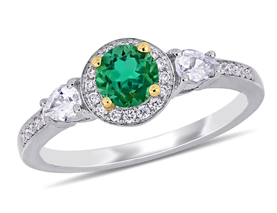 4/5 Carat (ctw) Emerald and White Sapphire Ring in 14K White Gold with Diamonds Image 1