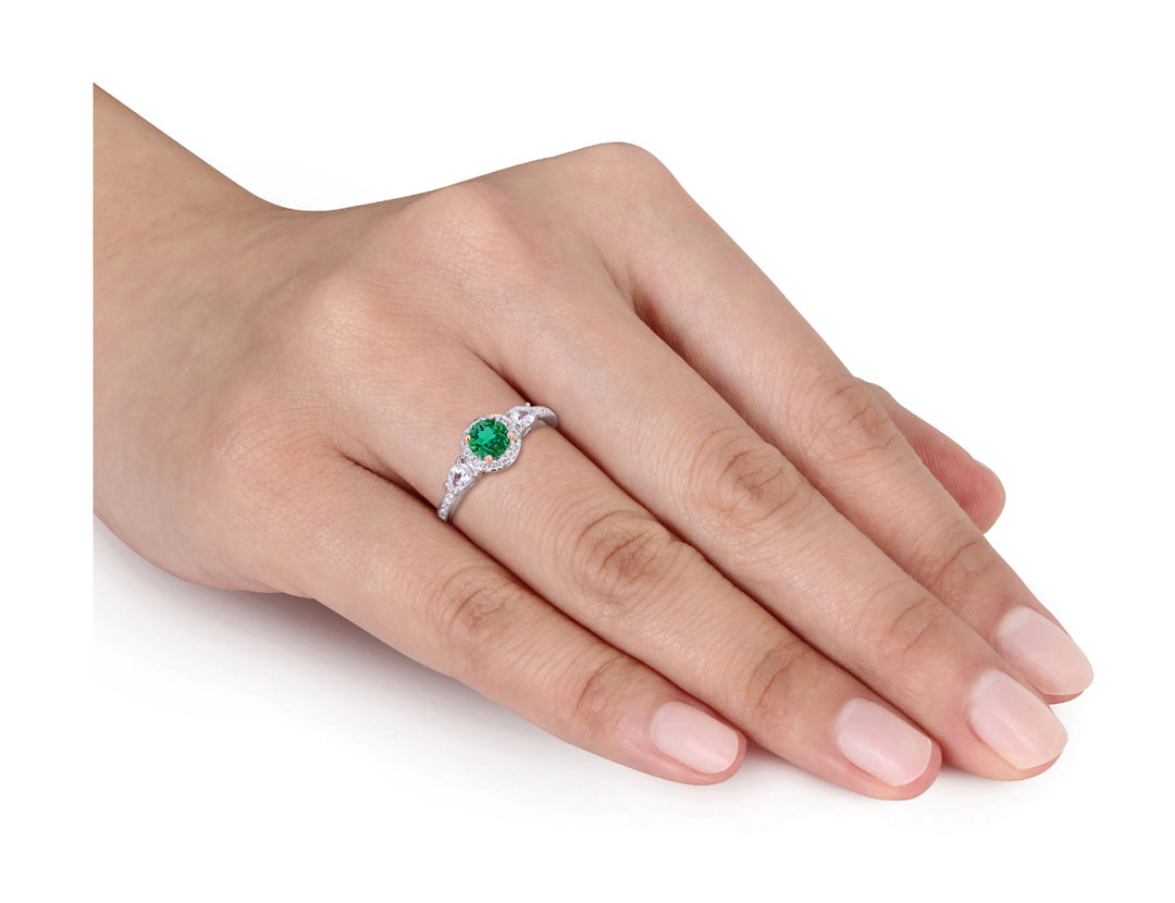 4/5 Carat (ctw) Emerald and White Sapphire Ring in 14K White Gold with Diamonds Image 2